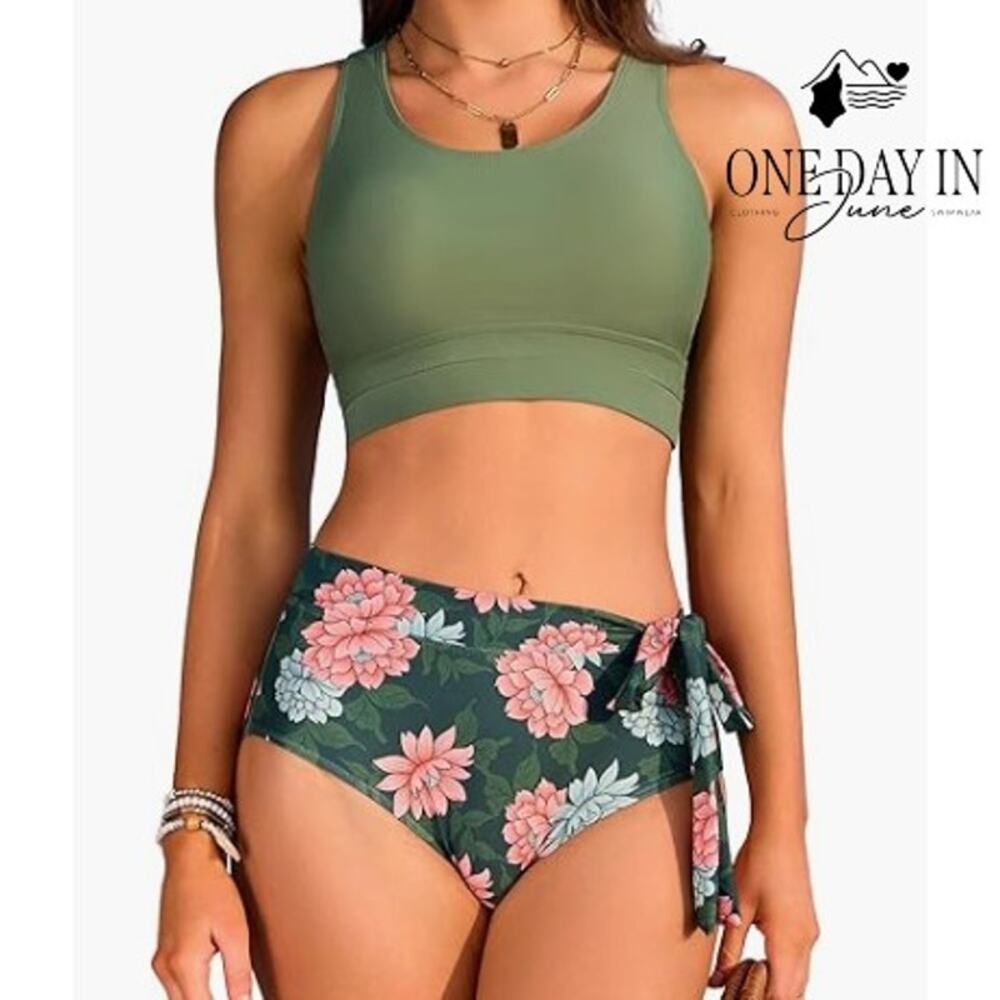 Dokotoo Green Floral High Waist Bikini Crop Top 2 Piece Swimsuit NWT Size S